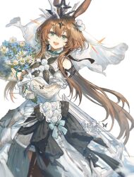  1girl amiya_(arknights) animal_ears arknights bare_shoulders bouquet bow brown_hair commentary cowboy_shot dress dress_bow flower green_eyes hair_between_eyes hair_ornament highres holding holding_bouquet jewelry long_hair looking_at_viewer multiple_rings official_alternate_costume open_mouth rabbit_ears rabbit_girl rengua ring ring_on_every_finger simple_background smile solo veil white_background white_bow white_dress white_flower white_veil 