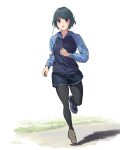  1girl black_hair earphones full_body horikou jacket leggings pink_eyes running shima_saki short_hair short_shorts shorts solo sweat track_jacket yurucamp 