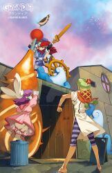  1boy 2girls anger_vein animal_on_head artist_name black_unitard bloomers blue_eyes blue_hat blue_jumpsuit boots brown_gloves capelet clouds cloudy_sky copyright_logo deviantart_logo dress earrings english_commentary fingerless_gloves gloves grandia grandia_i green_hair hair_net hat holding holding_sword holding_weapon house jewelry jumpsuit justin_(grandia) lily_(grandia) logo long_hair long_sleeves looking_up metalhanzo multiple_girls on_head on_rooftop pants photoshop_(medium) pink_capelet pink_dress puffy_sleeves purple_hair purple_pants puui_(grandia) red_hair red_scarf rudder scarf shoes short_jumpsuit simple_bird sky smile socks sphere_earrings striped_clothes striped_pants striped_socks sue_(grandia) sword trash_can weapon white_dress wooden_sword 