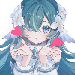  1girl absurdres aqua_hair blowing_kiss blue_eyes commentary_request detached_collar detached_sleeves fins genshin_impact hair_over_one_eye head_fins highres light_blush long_hair parted_lips simple_background solo suraimu_soda upper_body very_long_hair vodyanitsa_(genshin_impact) white_background white_sleeves 