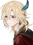  1boy blonde_hair blush brown_hair cape closed_mouth feather_hair_ornament feathers fractalmagnolia genshin_impact hair_ornament hairpin kaveh_(genshin_impact) looking_to_the_side male_focus multicolored_hair red_cape red_eyes shirt sketch solo white_shirt 