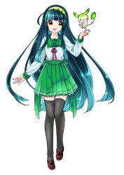  1girl :d absurdres arm_at_side black_thighhighs blue_hair blunt_bangs brown_shoes edomura_niniko full_body green_eyes green_sailor_collar green_skirt hand_up highres incredibly_absurdres long_hair long_sleeves looking_at_another miniskirt neck_ribbon official_art open_mouth pleated_skirt red_ribbon ribbon sailor_collar school_uniform serafuku shirt shoes simple_background skirt smile solo standing teeth thigh-highs touhoku_zunko transparent_background upper_teeth_only utau very_long_hair voiceroid white_shirt yellow_eyes zettai_ryouiki zundamon zundamon_(utau) 