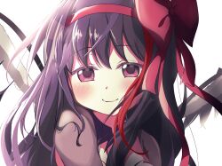 1girl absurdres akemi_homura akuma_homura black_hair blush bow closed_mouth commentary_request crow1260000 hair_bow hair_ribbon highres long_hair looking_at_viewer mahou_shoujo_madoka_magica mahou_shoujo_madoka_magica:_walpurgis_no_kaiten purple_eyes red_bow red_ribbon ribbon simple_background smile solo white_background wings