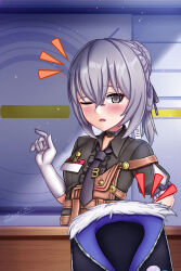  ... 1girl artist_name black_shirt blush braid braided_base bronya_zaychik bronya_zaychik_(haxxor_bunny) bronya_zaychik_(old_times) brown_overalls bun_with_braided_base character_name commentary english_commentary english_text gloves grey_eyes grey_hair hair_between_eyes hair_bun hand_on_own_hip hand_up highres honkai_(series) honkai_impact_3rd id_card indoors looking_at_screen looking_at_viewer necktie notice_lines one_eye_closed open_mouth overalls puffy_short_sleeves puffy_sleeves shirt short_hair short_sleeves sidelocks signature single_hair_bun solo standing strap_slip textless_version upper_body video_game_dialogue_box white_gloves zero130rider 