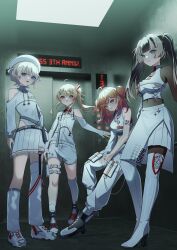  4girls absurdres anniversary asymmetrical_legwear beret black_bodystocking black_hair blonde_hair blue_eyes boots brown_hair cargo_pants clothing_cutout collared_shirt commentary_request cropped_shirt elevator full_body gradient_hair grey_boots halter_shirt halterneck hat highres hololive hololive_dev_is ichijou_ririka ichijou_ririka_(regloss_uniform) juufuutei_raden juufuutei_raden_(regloss_uniform) layered_skirt leg_warmers leotard leotard_under_clothes long_hair long_sleeves looking_at_viewer miniskirt multicolored_hair multiple_girls official_alternate_costume official_alternate_hairstyle orange_hair otonose_kanade otonose_kanade_(regloss_uniform) pants pleated_skirt purple_hair purple_streaks regloss_(hololive) shirt shoes short_hair short_shorts shorts shoulder_cutout shrug_(clothing) side_ponytail single_leg_warmer single_sleeve single_thighhigh skirt sneakers socks standing streaked_hair thigh-highs thigh_boots todoroki_hajime todoroki_hajime_(regloss_uniform) twintails two_side_up uneven_legwear violet_eyes white_boots white_hat white_leg_warmers white_leotard white_pants white_shirt white_shoes white_shorts white_shrug white_skirt white_socks white_thighhighs yonezaki_yuu 