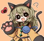  1girl :3 ? animal_ears animal_hands black_eyes black_tail blush_stickers bright_pupils cat_ear_hairband cat_tail chibi fake_animal_ears fang frilled_shirt_collar frills gloves hand_up heart highres komeiji_koishi light_green_hair long_sleeves looking_at_viewer no_headwear open_mouth orange_background outline paw_gloves simple_background solo sweater tail touhou upper_body white_outline white_pupils yellow_sweater zunusama 