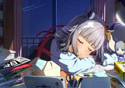  1girl animal_ears arm_pillow arms_on_table blue_shirt blunt_bangs blush book casual character_doll chrono_genesis_(casual)_(umamusume) chrono_genesis_(umamusume) closed_eyes clothes_blanket commentary_request desk desk_lamp doll grey_hair hair_between_eyes hair_ornament head_on_arm highres horse_ears horse_girl jacket jacket_on_shoulders lamp long_hair long_sleeves night paper parted_lips pastry_box pen red_ribbon ribbon scissors shirt shooting_star sky sleeping sleeping_on_desk solo star_(sky) tablet_pc umamusume yukikawa_juri 