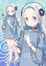  1girl artist_name blue_background blue_choker blue_dress blue_eyes blue_hair bright_pupils champagne_flute cherico choker clothing_cutout colored_eyelashes colored_inner_hair commentary_request cup dated dress drinking_glass drinking_straw earrings flower forehead gloves gradient_background hair_ornament haneuzu_miuneru happy_birthday heart high_heels highres holding holding_cup jewelry lace-trimmed_sleeves lace_trim long_hair long_sleeves looking_at_viewer multicolored_hair outline propeller_hair_ornament ringed_eyes shoes short_dress shoulder_cutout signature smile solo split_mouth swirl translation_request virtual_youtuber voms wavy_hair white_flower white_gloves white_hair white_outline white_pupils white_shoes wide_sleeves zoom_layer 