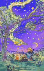  1boy armor boots brown_boots commentary crescent_moon english_commentary fireball foliage gloves hair_over_one_eye highres korok leaf light_dragon_(zelda) link mechanical_arms moon mountainous_horizon night outdoors pants pointy_ears shirt short_sleeves silent_princess single_mechanical_arm sitting star_(sky) sword sword_on_back the_legend_of_zelda the_legend_of_zelda:_tears_of_the_kingdom tree ufotomorrow weapon weapon_on_back 