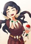  1girl :d arutarika_(ri_kaoekaki) black_hair bracelet brown_shirt closed_eyes commentary_request drasna_(pokemon) earrings eyelashes facing_viewer gradient_background happy highres holding holding_poke_ball jewelry long_hair necklace open_mouth parted_bangs partial_commentary poke_ball poke_ball_(basic) pokemon pokemon_(game) pokemon_xy shirt skirt sleeves_past_elbows smile solo teeth upper_teeth_only 