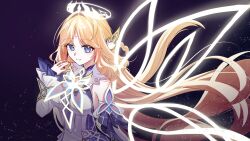  1girl blonde_hair blue_eyes braid breasts byeolbichnyanyang closed_mouth commentary cross-shaped_pupils detached_sleeves dress energy_wings facial_mark floating_hair forehead_mark genshin_impact hair_intakes halo hand_up highres long_hair long_sleeves looking_at_viewer nicole_(genshin_impact) parted_bangs pointy_ears smile solo symbol-shaped_pupils untranslatable_commentary very_long_hair white_dress white_sleeves 