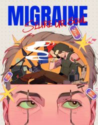  2boys black_hair black_vest brown_hair brown_pants cyberpunk cyberpunk_(series) cyberpunk_2077 english_text green_eyes highres huumann324 johnny_silverhand looking_to_the_side multiple_boys pants short_hair smoking sunglasses v_(cyberpunk) vest vincent_(cyberpunk) 