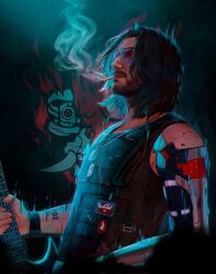  1boy beard black_hair black_vest cigarette commentary cyberpunk_(series) cyberpunk_2077 dog_tags english_commentary facial_hair glitch highres johnny_silverhand kirrosav mechanical_arms red-tinted_eyewear single_mechanical_arm smoking solo sunglasses tinted_eyewear upper_body vest 