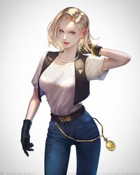  1girl android_18 bead_necklace beads black_gloves black_vest blonde_hair blue_eyes closed_mouth cyborg denim dragon_ball dragon_ball_z earrings gloves hand_in_own_hair highres jeans jewelry kuririn lips looking_at_viewer medium_hair necklace pants red_lips short_sleeves simple_background smile vest wandzardeen web_address 