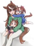  3girls :&gt; aged_down animal_ears blue_eyes blue_hoodie book bow brown_hair commentary_request feet_out_of_frame green_sweater holding holding_book hood hood_down hoodie horse_ears horse_girl horse_tail kusanagi_kaoru long_hair multicolored_hair multiple_girls official_alternate_costume open_mouth oshi_no_ko pants pink_bow pink_shorts pleated_skirt ponytail short_hair shorts sitting skirt smile socks streaked_hair sweater symboli_rudolf_(umamusume) tail teeth tokai_teio_(umamusume) tsurumaru_tsuyoshi_(umamusume) umamusume upper_teeth_only violet_eyes white_hair white_pants white_skirt white_socks 