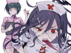  2girls :o alternate_costume bent_over blush blush_stickers clipboard commentary_request danganronpa_(series) danganronpa_another_episode:_ultra_despair_girls dogimagii dot_nose eyelashes fukawa_toko genocider_sho glasses gloves green_eyes green_hair hair_between_eyes hair_ornament hairclip hat hatching_(texture) highres holding holding_clipboard holding_syringe long_hair long_tongue looking_at_viewer messy_hair multiple_girls multiple_hairclips naegi_komaru nurse nurse_cap open_mouth pink_hat pink_shirt pink_skirt purple_hair red_eyes round_eyewear scissors sharp_teeth shirt short_hair simple_background single_blush_sticker skirt syringe teeth tongue tongue_out upper_teeth_only white_background white_gloves white_hat 