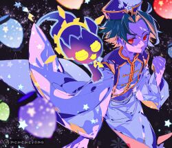  1boy bestoll bestoll_(wishing_lantern) blue_hat blue_kimono blush chinese_clothes closed_mouth commentary constellation creature curtained_hair feet_out_of_frame from_above hand_up hat highres holding holding_pocket_watch japanese_clothes kimono lantern looking_at_viewer male_focus merumerumerume paper_lantern pocket_watch puyopuyo puyopuyo_quest red_eyes sky_lantern star_(sky) star_(symbol) tangzhuang twitter_username watch wide_sleeves yellow_eyes 