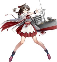  1girl akasaka_yuzu apron black_sailor_collar black_socks bow braid brown_hair commentary detached_sleeves fingerless_gloves full_body glasses gloves green_eyes headgear hie_maru_(kancolle) kantai_collection low_twin_braids low_twintails official_art one_eye_closed pleated_skirt pointing red_bow red_shoes red_skirt ribbon-trimmed_sleeves ribbon_trim rigging sailor_collar sailor_shirt shirt shoes skirt smile socks solo third-party_source transparent_background twin_braids twintails white_apron white_gloves 