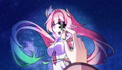  2girls absurdres aqua_hair breasts closed_mouth commentary cyrene_(demiurge)_(honkai:_star_rail) cyrene_(honkai:_star_rail) cyrene_(philia093)_(honkai:_star_rail) dress dual_persona english_commentary female_pov floating_hair gradient_hair hair_intakes hair_ornament highres holding holding_puzzle_piece honkai:_star_rail honkai_(series) large_breasts long_hair looking_at_viewer multicolored_hair multiple_girls pink_hair pointy_ears pov pov_hands puzzle puzzle_piece s9897907160915 smile upper_body very_long_hair violet_eyes white_dress 