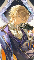  1boy absurdres aventurine_(honkai:_star_rail) aventurine_(stoneheart's_oath_ring)_(honkai:_star_rail) black_gloves black_vest blonde_hair blue_eyes buttons collared_shirt commentary_request double-breasted gloves hair_between_eyes hand_up highres holding holding_poker_chip honkai:_star_rail honkai_(series) jacket jacket_on_shoulders looking_at_viewer male_focus necktie official_alternate_costume parted_lips picture_frame poker_chip shirt short_hair smile solo suika_(rios151794) upper_body vest waistcoat white_shirt yellow_necktie 