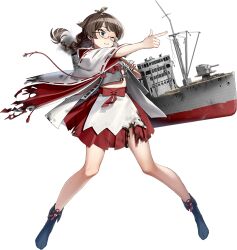  1girl akasaka_yuzu apron black_sailor_collar black_socks bow braid brown_hair burnt_clothes commentary detached_sleeves full_body glasses green_eyes headgear hie_maru_(kancolle) kantai_collection low_twin_braids low_twintails official_art one_eye_closed pleated_skirt pointing red_bow red_shoes red_skirt ribbon-trimmed_sleeves ribbon_trim rigging sailor_collar sailor_shirt shirt shoes skirt socks solo third-party_source transparent_background twin_braids twintails white_apron wince 