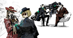  2girls 3boys absurdres black_coat black_hat blonde_hair breasts brown_hair chair chinese_clothes cinq_association_east_uniform coat coat_on_shoulders commentary dress faceless faceless_male hat highres holding hong_lu_(project_moon) large_breasts limbus_company multiple_boys multiple_girls one_eye_covered project_moon qipao red_coat red_hair rodion_(project_moon) short_hair simple_background sitting smoke smoke_trail smoking suit sunglasses the_g_(bhu204) thumb_(identity)_(project_moon) tinted_eyewear untranslatable_commentary upper_body white_background 