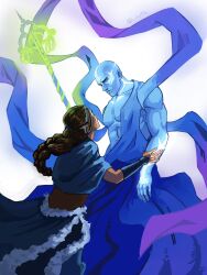  1boy 1girl aang arrow_(symbol) arrow_tattoo avatar:_the_last_airbender avatar_aang:_the_last_airbender avatar_legends avatar_state axtle bald blue_tattoo couple forehead_tattoo head_tattoo highres holding holding_staff husband_and_wife katara muscular muscular_male staff tattoo 