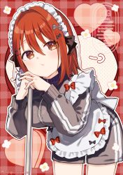  1girl :t absurdres apron black_bow bow breasts brown_eyes closed_mouth commission frilled_apron frills grey_bow grey_jacket grey_shorts gym_shorts hair_between_eyes hair_intakes highres jacket jersey_maid leaning_forward long_sleeves maid medium_breasts original plaid_background puffy_long_sleeves puffy_sleeves red_background red_bow red_hair shorts skeb_commission sofra solo track_jacket unconventional_maid watermark white_apron 