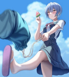  1girl absurdres ayanami_rei bag blue_bag blue_hair blue_skirt blue_sky breasts closed_mouth clouds commentary_request day flip-flops food hand_up highres holding holding_bag holding_food holding_popsicle kicking medium_breasts neck_ribbon neon_genesis_evangelion outdoors popsicle red_eyes red_ribbon ribbon sandals school_uniform shirt short_hair short_sleeves skirt sky solo suspender_skirt suspenders tokyo-3_middle_school_uniform watermelon_bar white_shirt yahha 