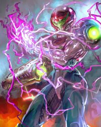 1girl absurdres arm_cannon armor artist_name assault_visor bodysuit commentary dated english_commentary glowing glowing_arm glowing_hand green_assault_visor green_visor helmet highres luis_e_sierra metroid metroid_ravenous metroid_suit mismatched_arms multicolored_bodysuit power_armor power_suit_(metroid) samus_aran science_fiction solo twitter_username two-tone_armor weapon 