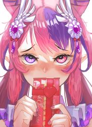  1girl absurdres candy chocolate chocolate_bar commentary cone_hair_bun english_commentary food hair_bun hair_ornament heterochromia highres ironmouse ironmouse_(fallen_angel) long_hair looking_at_viewer multicolored_hair otapic pink_eyes pink_hair pointy_ears purple_hair solo streaked_hair violet_eyes virtual_youtuber vshojo white_background wing_hair_ornament 