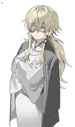  1boy absurdres blonde_hair commentary cowboy_shot crossed_arms eyepatch grey_haori hair_between_eyes hair_intakes haori highres japanese_clothes kimono long_hair obi original print_kimono sash wazawai_(isotwen) white_background white_kimono yellow_eyes 