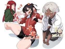  1girl 2boys @_@ birthday_date black_eyes black_hair black_shirt black_shorts black_thighhighs blunt_ends breasts cloak colored_inner_hair commentary_request cropped_torso elf flower garter_straps green_cloak hair_between_eyes hair_flower hair_ornament highres holding holding_stylus hood hooded_cloak iu15236376 jacket long_hair long_sidelocks looking_at_viewer multicolored_hair multiple_boys open_mouth orange_eyes original pointy_ears red_eyes red_hair red_jacket red_track_suit ringed_eyes shadow shirt shorts sidelocks squatting stylus thigh-highs track_jacket track_suit trap v white_background white_hair white_jacket yellow_eyes 
