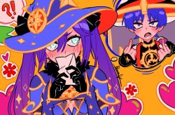  !? 1boy 1girl anger_vein armor black_bodysuit black_bow black_gloves black_hat black_kimono blue_eyes blue_hat blue_leotard blue_sleeves blunt_ends blush bodysuit bow breasts choppy_bangs cleavage_cutout clothing_cutout couple covering_own_mouth crescent crescent_hat_ornament derivative_work detached_sleeves double_middle_finger earrings embarrassed fingernails fur_trim genshin_impact gloves gold gold_earrings gold_trim hair_bow hands_up hat hat_ornament heart hetero japanese_armor japanese_clothes jewelry jingasa juban kimono kote kurokote leotard long_hair looking_at_another looking_at_viewer love_letter lower_teeth_only mandarin_collar middle_finger mitsudomoe_(shape) mona_(genshin_impact) neck_ring open_clothes open_kimono open_mouth orange_background oriana0w0 purple_rope red_hat red_kimono rope sanpaku scaramouche_(genshin_impact) scaramouche_(harbinger)_(genshin_impact) shimenawa sidelocks sideways_glance small_breasts spoken_character spoken_interrobang star_(symbol) star_earrings star_hat_ornament swept_bangs teeth tomoe_(symbol) tsurime twintails two-sided_fabric two-sided_headwear two-tone_hat violet_eyes white_kimono white_rope witch_hat 