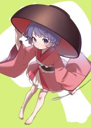  1girl absurdres barefoot bowl bowl_hat commentary_request full_body green_background hand_on_headwear hat highres holding holding_needle japanese_clothes kimono long_sleeves looking_at_viewer needle obi purple_hair sash short_hair solo sukuna_shinmyoumaru sumiyama_sui toes touhou violet_eyes wide_sleeves 