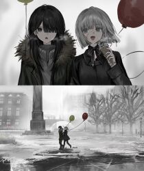  2girls absurdres balloon black_eyes black_hair black_jacket black_pants black_shirt fog food gawako grey_eyes grey_sweater highres holding holding_food holding_ice_cream ice_cream jacket lamppost long_hair multiple_girls one_eye_covered open_mouth original pants road shirt short_hair street sweater talking tree walking white_hair 