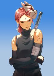  1girl bandaged_arm bandages black_gloves black_pants black_shirt blue_background breasts commentary crossed_arms dog_mask elbow_gloves english_commentary eyelashes facial_mark forehead_mark gloves gradient_background green_eyes haruno_sakura head_tilt highres konohagakure_anbu_uniform looking_down mask medium_hair meoowwxx naruto_(series) pants parted_bangs parted_lips pink_hair ponytail shirt shoulder_tattoo simple_background sleeveless sleeveless_shirt small_breasts sword sword_on_back tattoo unworn_mask upper_body weapon weapon_on_back 