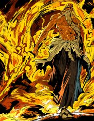  1boy absurdres bald beard black_hakama bleach commentary facial_hair fire flaming_weapon hakama highres holding holding_sword holding_weapon japanese_clothes kimono_around_waist long_beard long_eyebrows male_focus muscular muscular_male old old_man pyrokinesis ryuujin_jakka_(shikai) sandals scar scar_on_chest scar_on_face scar_on_forehead socks solo sword tabi topless_male torn_clothes waraji weapon xi_luo_an_ya yamamoto-genryuusai_shigekuni zanpakutou 