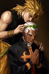  2boys black_nails black_robe black_shirt blonde_hair bracelet buzz_cut cassock closed_eyes cross cross_print dark-skinned_male dark_skin dio_185cm_n dio_brando earrings gold_bracelet green_headband hand_on_another's_shoulder headband heart_ornament highres jewelry jojo_no_kimyou_na_bouken long_bangs long_sleeves male_focus medium_hair multiple_boys nail_polish own_hands_clasped own_hands_together pants parted_bangs praying priest red_eyes robe shirt short_hair sideburns stone_ocean toned toned_male turtleneck turtleneck_shirt very_short_hair white_hair yellow_pants 