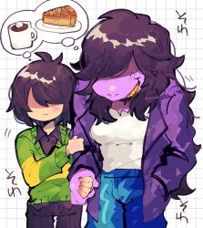 1girl 1other androgynous artist_name black_pants black_shirt blue_pants blush breasts brown_hair closed_mouth coffee_mug collared_shirt colored_skin colored_teeth commentary_request cowboy_shot cup deltarune expressionless food freckles furry furry_female grabbing_another's_arm green_sweater grid_background grin hair_over_eyes holding_hands hot_chocolate imagining jacket kris_(deltarune) long_hair long_sleeves loose_hair_strand marshmallow medium_breasts motion_lines mug no_eyes no_nose pants pie pie_slice plate purple_jacket purple_skirt repikinoko reptile_girl shaded_face sharp_teeth shirt short_hair sidelocks signature skirt smile snout sound_effects speech_bubble striped_clothes striped_sweater susie_(deltarune) sweater teeth thought_bubble torn_clothes torn_shirt twitter_username two-tone_sweater utdr_(toby_fox) white_background white_shirt yellow_teeth 