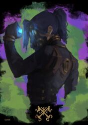  1girl arcane:_league_of_legends arcane_caitlyn artist_name blue_gem blue_hair caitlyn_(league) commentary gas_mask gem harness highres league_of_legends marcer mask smoke untranslatable_commentary 
