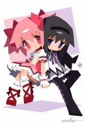2girls abstract_background aidos_(user_cnkv5582) akemi_homura akemi_homura_(magical_girl) argyle_clothes argyle_pantyhose artist_name back-to-back ballet_slippers black_hair black_hairband black_pantyhose black_shirt blush_stickers bow capelet chibi chibi_only choker collared_shirt commentary_request cross-laced_shoes dress expressionless flat_color frilled_dress frilled_skirt frilled_socks frills gloves hair_bow hairband highres holding_hands invisible_floor kaname_madoka kaname_madoka_(magical_girl) long_hair long_sleeves magical_girl mahou_shoujo_madoka_magica mahou_shoujo_madoka_magica_(anime) multiple_girls neck_ribbon no_lineart no_pupils pantyhose pink_bow pink_dress pink_eyes pink_hair puffy_short_sleeves puffy_sleeves purple_capelet purple_eyes purple_ribbon purple_skirt red_choker red_shoes ribbon shirt shoes short_hair short_sleeves short_twintails signature skirt socks soul_gem_(madoka_magica) standing twintails two-tone_dress vest white_background white_dress white_gloves white_socks white_trim white_vest wing_collar