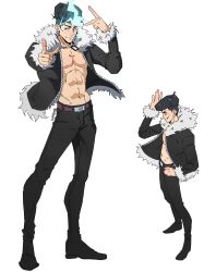  1boy abs black_hair black_jacket black_pants closed_mouth commentary full_body fur-trimmed_jacket fur_trim highres ishigori_ryu jacket jewelry jujutsu_kaisen kippotle long_hair necklace open_clothes open_jacket pants pectorals pointing pompadour simple_background smile solo white_background 