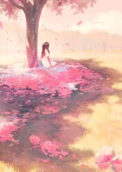  1girl brown_hair clouds commentary_request day dress falling_leaves from_side grass harucoro25 head_wreath highres leaf long_hair looking_ahead on_ground original outdoors pink_sky scenery short_sleeves sitting sky solo sunlight tree tree_shade white_dress wide_shot 