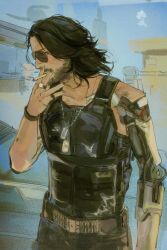  1boy beard black_hair black_vest cigarette cyberpunk_(series) cyberpunk_2077 dog_tags facial_hair highres holding holding_cigarette johnny_silverhand kaichi1129 mechanical_arms single_mechanical_arm smoking solo sunglasses vest 