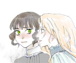  2girls blonde_hair brown_hair closed_mouth commentary_request eileen_rose freckles frilled_shirt_collar frills ghosts_of_greywoods green_eyes korean_commentary let_ink light_smile long_hair marie_white multiple_girls short_hair white_background 