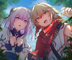  1boy 1girl aged_down arm_tattoo blonde_hair blue_sky braid bright_pupils castorice_(honkai:_star_rail) castorice_(little_cat)_(honkai:_star_rail) clenched_hands commentary_request earrings facial_tattoo flower hair_flower hair_ornament hand_up highres honkai:_star_rail honkai_(series) jewelry long_hair looking_at_viewer mydei_(honkai:_star_rail) mydei_(little_cat)_(honkai:_star_rail) official_alternate_costume open_mouth outdoors pointy_ears purple_hair purple_wrist_cuffs red_scarf rune_(rne_at) scarf shirt short_sleeves side_braid single_earring sky tattoo teeth upper_body upper_teeth_only violet_eyes white_shirt wrist_cuffs yellow_eyes 