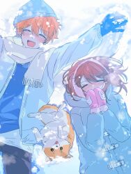  1boy 1girl akehoshi_subaru anzu_(ensemble_stars!) beanie blue_coat blue_hat blush brown_hair closed_eyes coat commentary covering_own_mouth daikichi_(ensemble_stars!) dog earmuffs ensemble_stars! facing_viewer fur-trimmed_mittens fur_trim hair_between_eyes hat highres hood hood_down jacket jjora korean_commentary long_hair lying mittens on_back open_clothes open_jacket open_mouth orange_hair outdoors outstretched_arms own_hands_together pink_mittens scarf shiba_inu short_hair smile snow snow_angel snowing white_scarf 