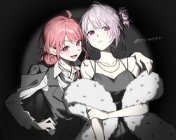  2girls :d ahoge bare_shoulders black_background black_dress black_jacket black_pants black_ribbon black_suit bracelet collarbone collared_shirt colored_eyebrows commentary dress dress_shirt fang fur_shawl hair_bun hair_ornament hair_ribbon hairclip hand_on_another's_shoulder hand_on_own_arm hand_on_own_hip hashtag jacket jacket_on_shoulders jewelry long_sleeves looking_at_viewer mole mole_under_eye multiple_girls necklace nijisanji official_alternate_costume open_mouth pants parted_lips pink_eyes pink_hair ribbon ring sakura_243905 sasaki_saku shawl shiina_yuika shirt skin_fang sleeveless sleeveless_dress smile spotlight suit suit_jacket thick_eyebrows untranslatable_commentary virtual_youtuber white_shirt 