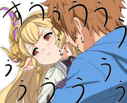  1boy 1girl averting_eyes back blonde_hair blue_hoodie blush brooch brown_hair commentary commentary_request earrings embarrassed gem gloves gran_(granblue_fantasy) granblue_fantasy granblue_fantasy:_relink hair_ornament harvin hood hood_down hoodie jewelry lifting_person long_pointy_ears maglielle_(granblue_fantasy:_relink) pointy_ears purple_gem purple_gloves sachishiro_pengin short_hair simple_background smile sweat trembling 